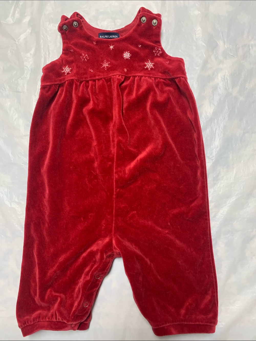 Ralph Lauren Red Velvet Snowflake Embroidered Christmas One Piece Sz L 12-18 Mon